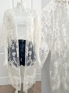Shiraleah Chicago White /Ivory Floral Embroidered Lace Sheer Maxi Kimono/Coverup